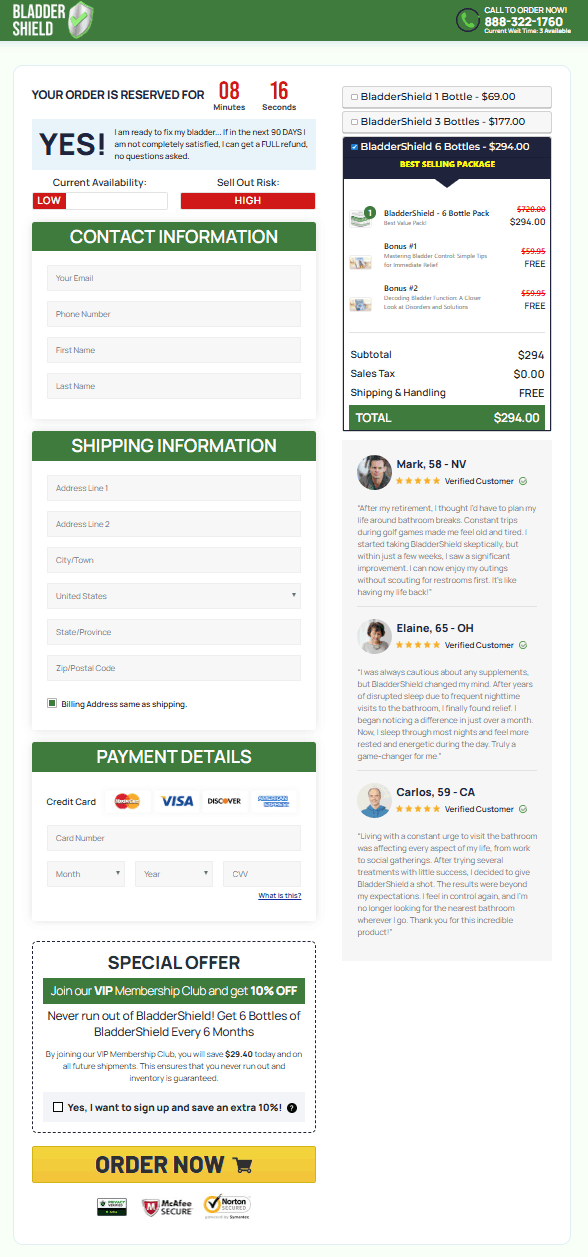 Bladder Shield official order page checkout